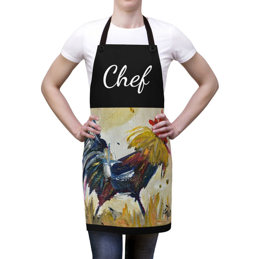 Delantal de cocina negro de chef con pintura original de gallo, arte ponible