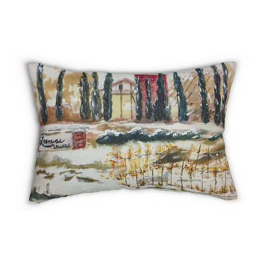 Temecula Lumbar Pillow featuring "Leoness that day it snowed" painting and "Temecula"