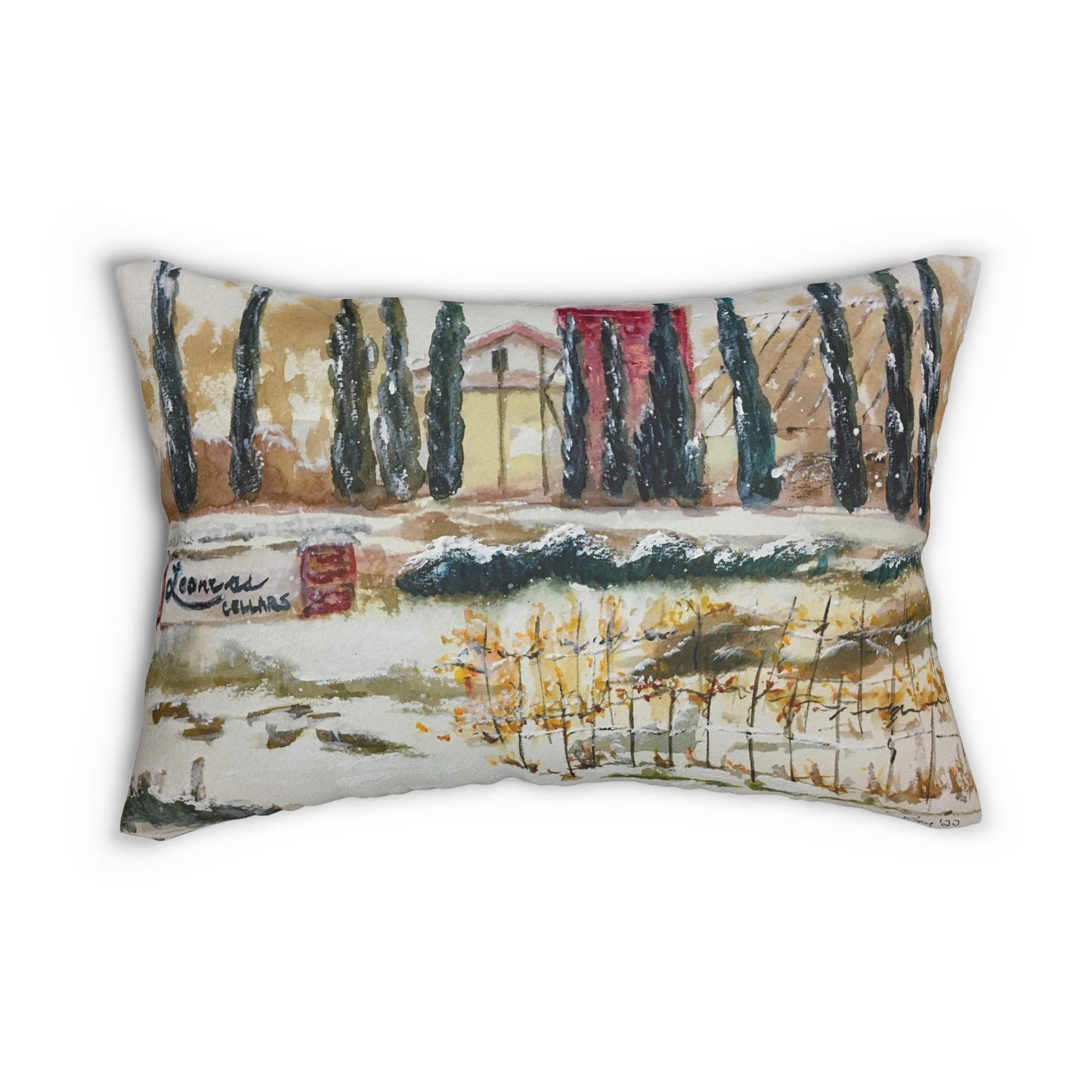 Almohada lumbar Temecula con la pintura "Leonesa ese día nevó" y "Temecula"