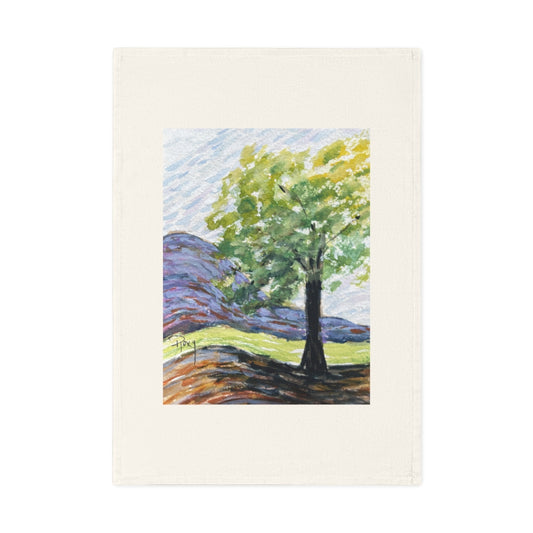 Torchon en coton végétalien biologique Peinture originale de paysage d’arbre imprimée dessus.