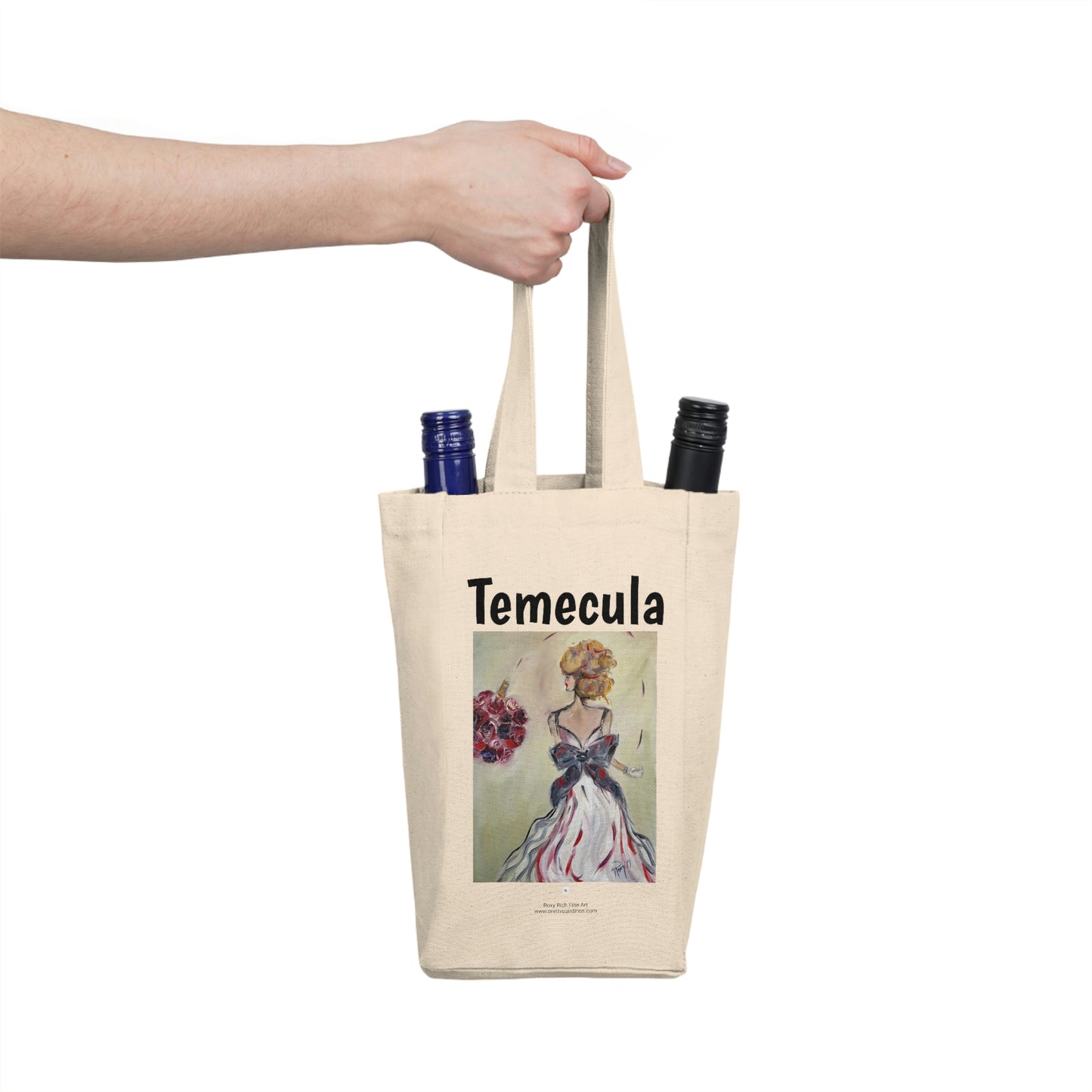 Temecula Double Wine Tote Bag featuring "Who's Next?"  Bride tossing bouquet painting