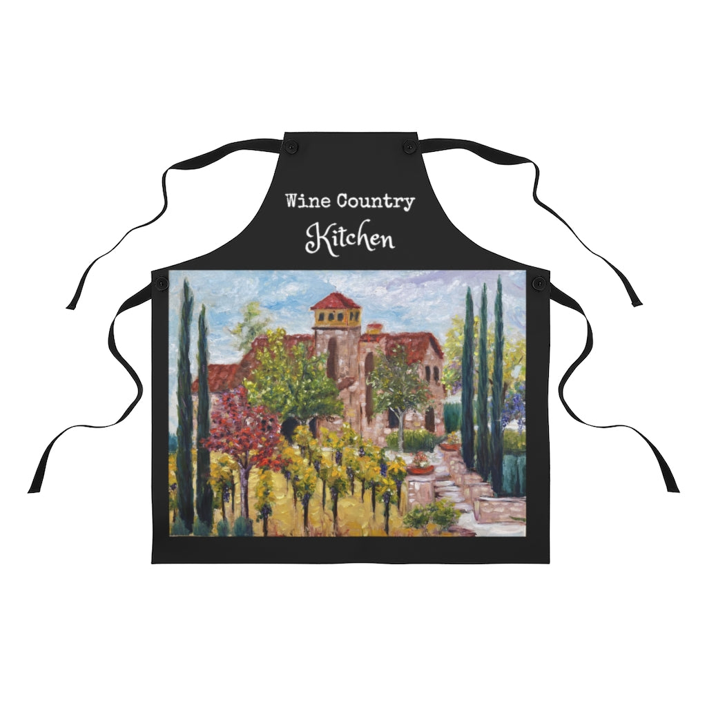 Wine Country Kitchen Chef  Black Kitchen Apron  with Original  Temecula Vineyard Painting Art Print Wearable Art