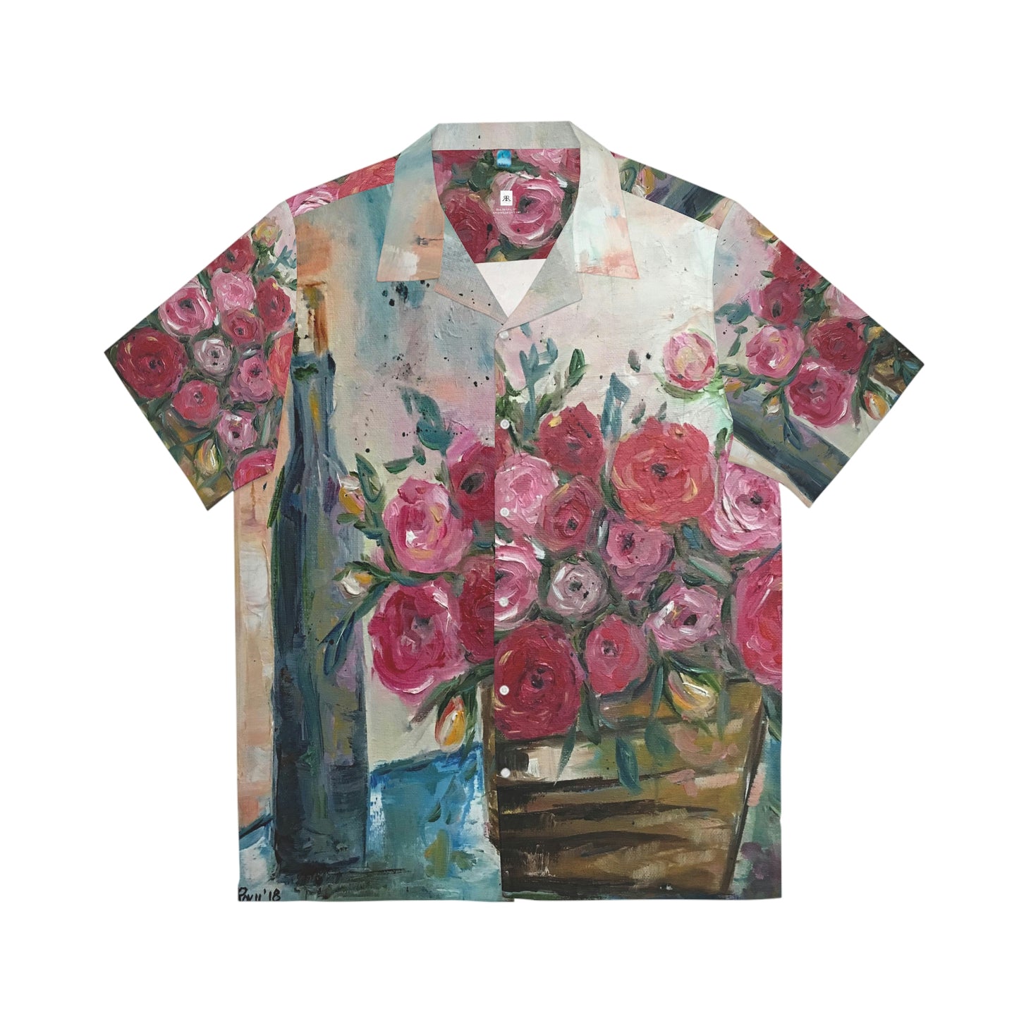 Vino y Ranúnculas Pintura al óleo original Flores Camisa hawaiana para hombre