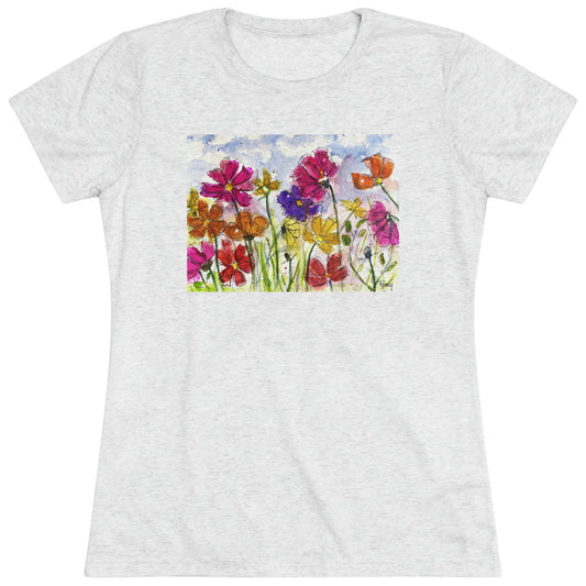 Cosmos Garden (imagen en el frente) Camiseta Triblend Tee ajustada para mujer