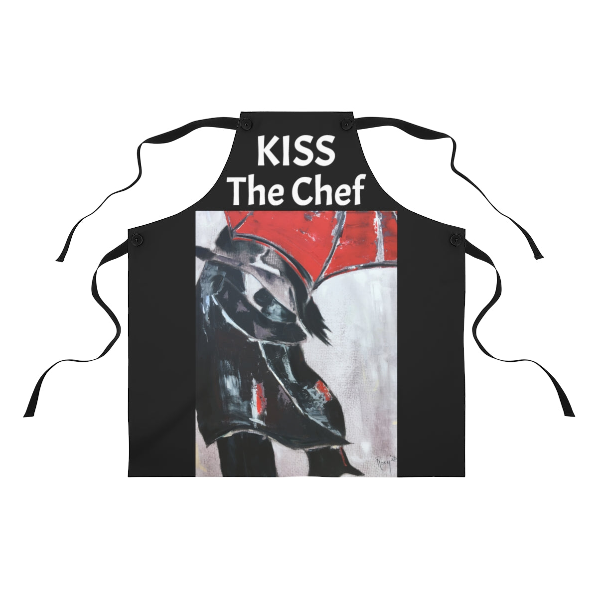 Embrasse le chef sur un tablier de cuisine noir avec des amants originaux sous une Umpbrella rouge