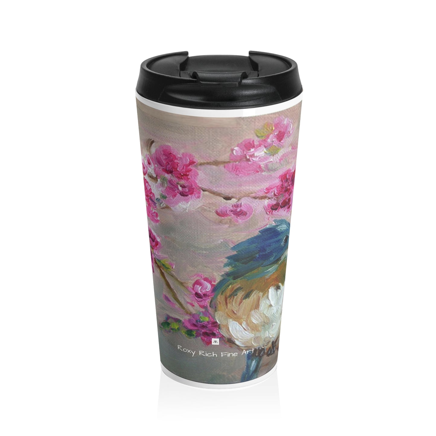 Tasse de voyage en acier inoxydable Bluebird perché sur une branche de fleurs de cerisier