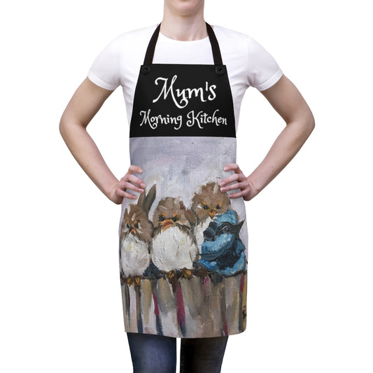 Mums Morning Kitchen Apron  funny grumpy Fairy Wren birds Painting Art Print Wearable Art