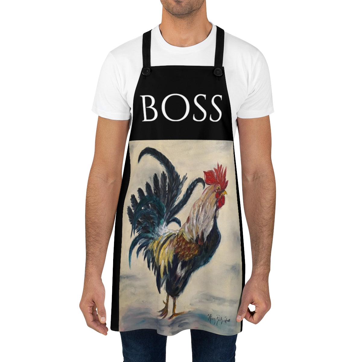 Orignal Rooster Painting printed on a Black Apron Kitchen Cooking accessory with Original Art