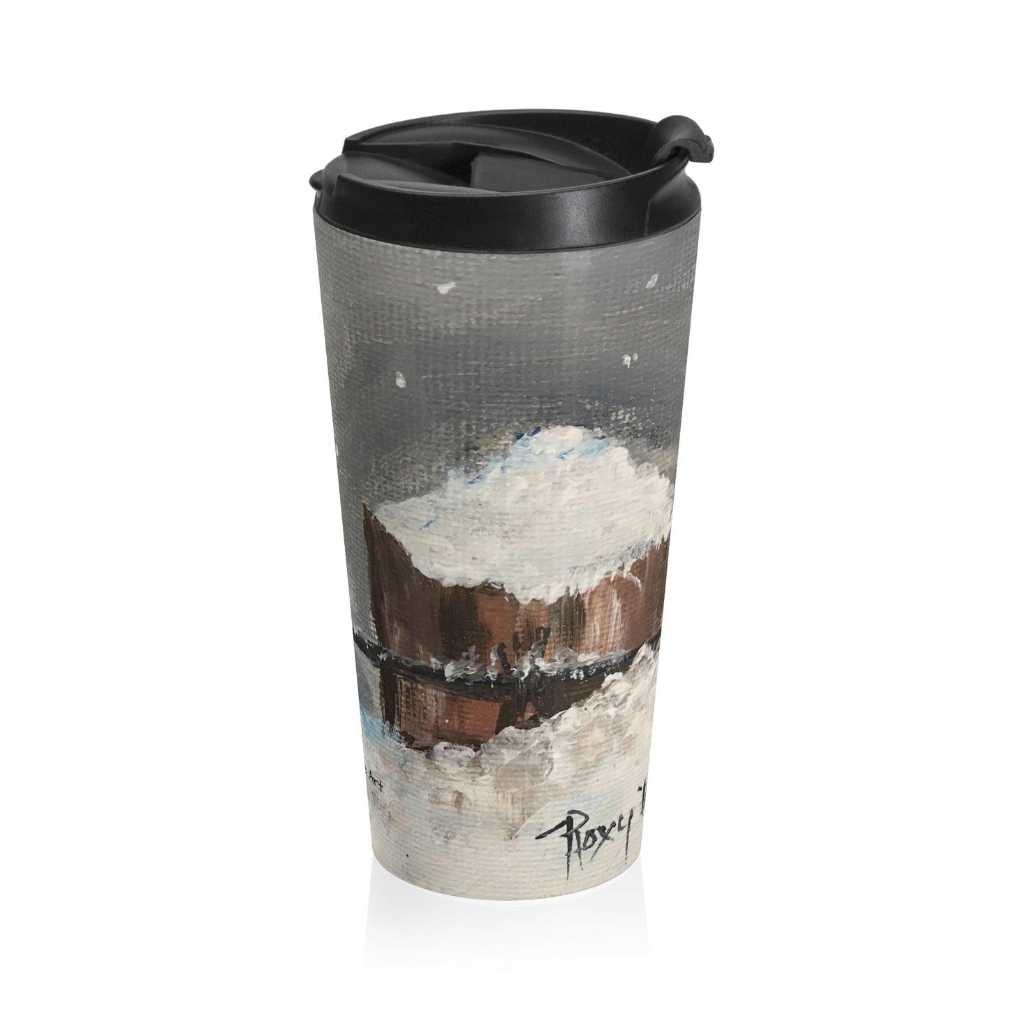 Fluffy Fat Bluebird perched on a Barbed Wire in Snow Stainless Steel Travel Mug