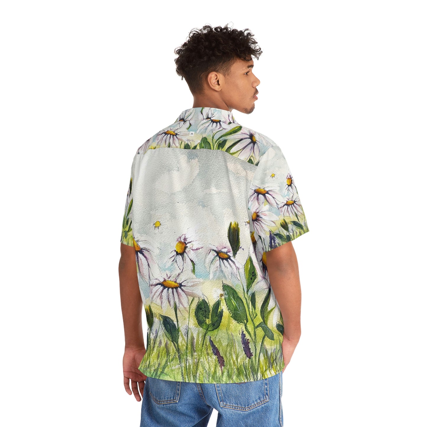 Daisy Meadow Original Loose Floral Watercolor Landscape Men's Hawaiian Shirt