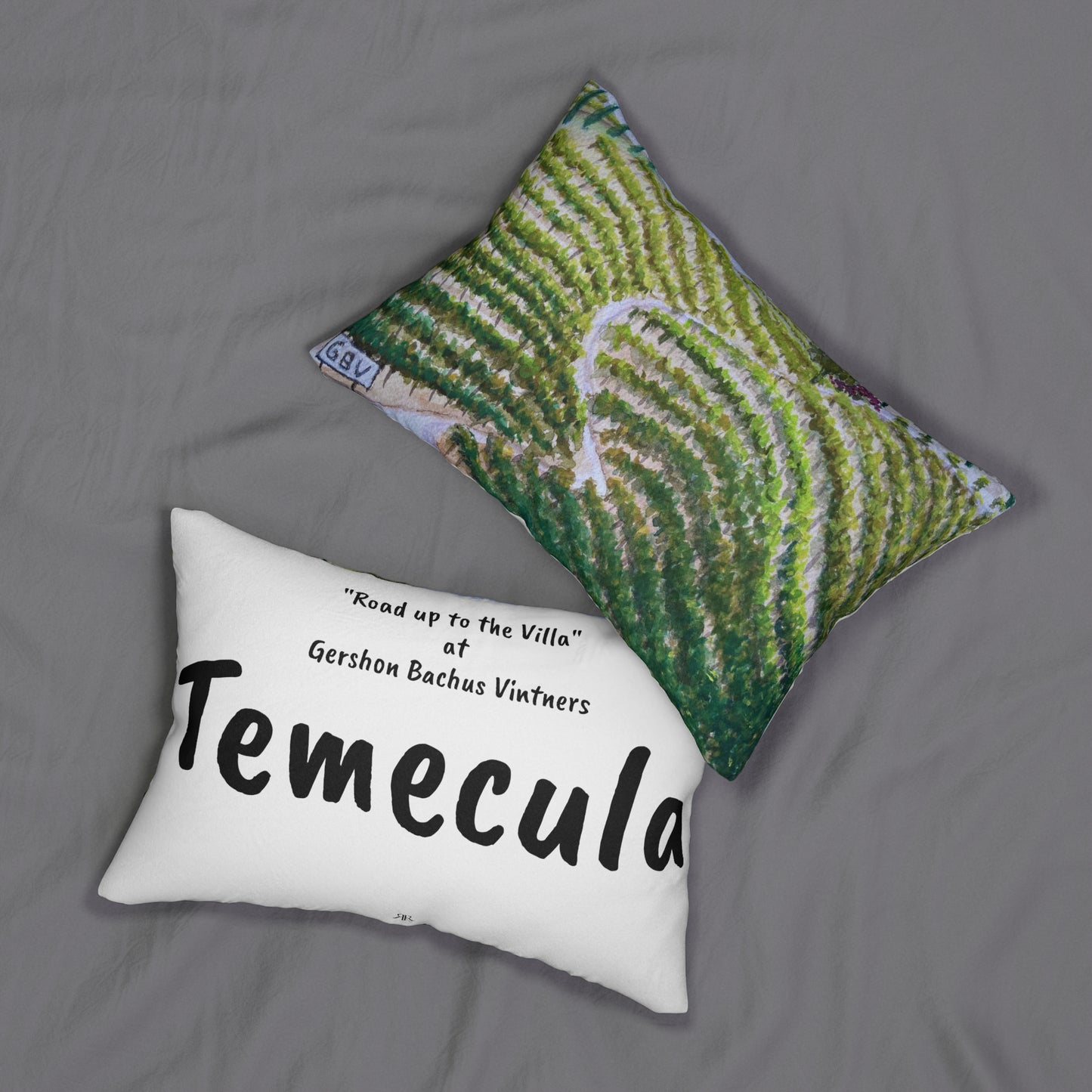 Temecula Lumbar Pillow featuring "Road up to the Villa" at Gershon Bachus Vintners painting and "Temecula"