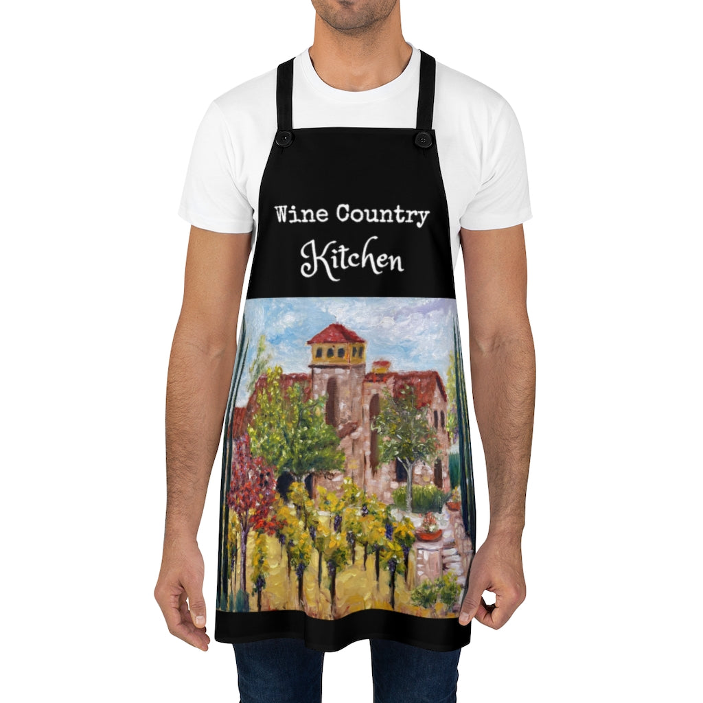 Wine Country Kitchen Chef  Black Kitchen Apron  with Original  Temecula Vineyard Painting Art Print Wearable Art