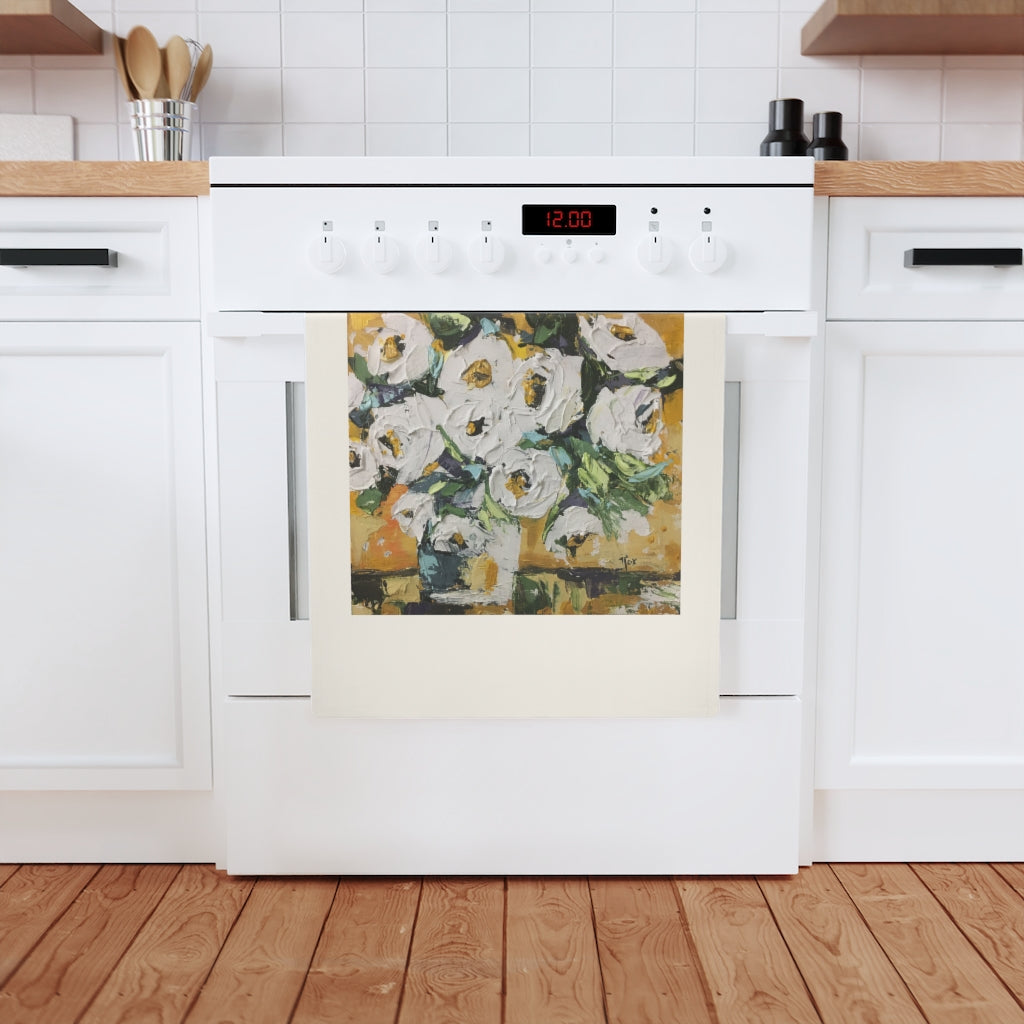 I love you Mom Organic Vegan Cotton Tea Towel  with Original Modern Art painting Shabby Roses Flowers print