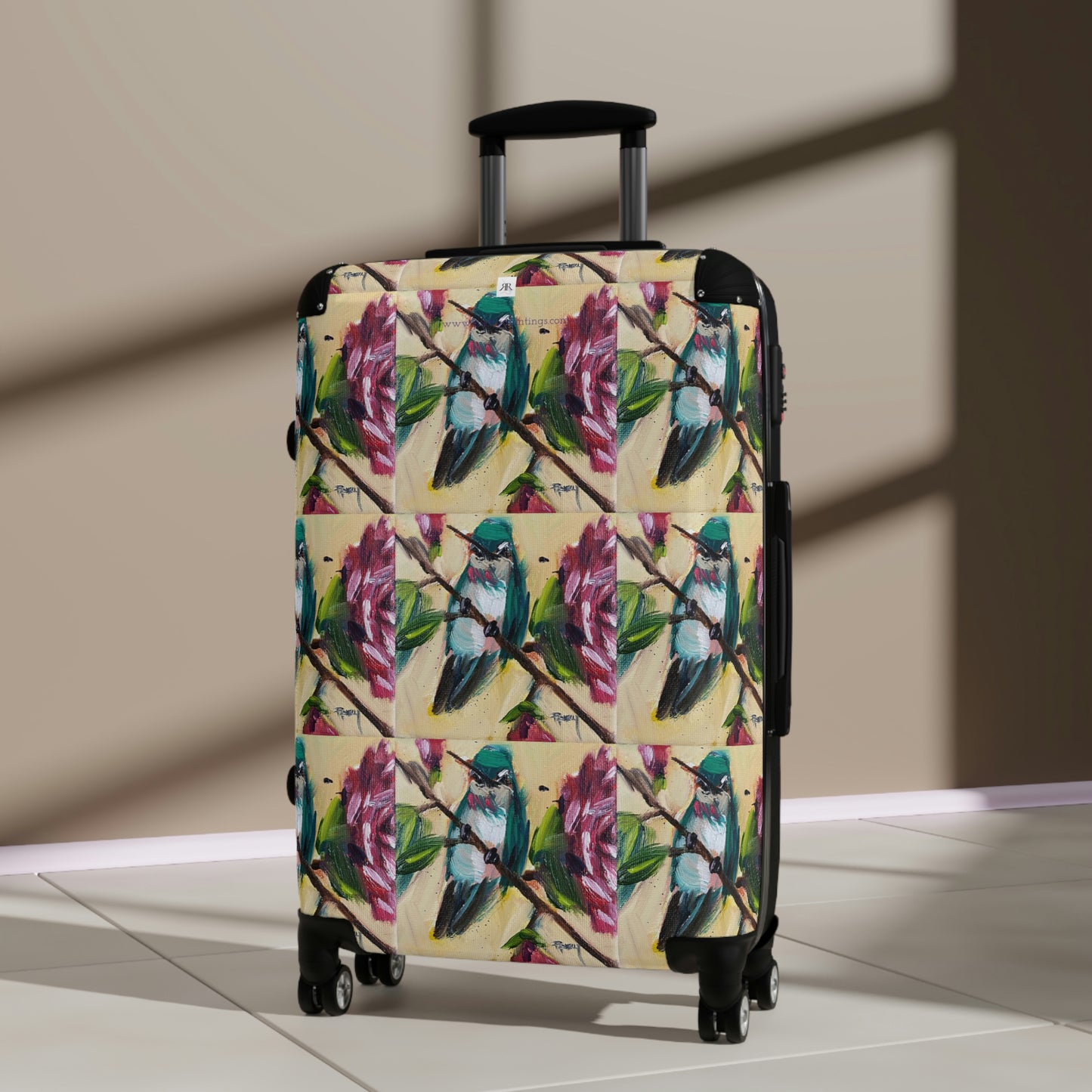 Colibri sur une valise à main à motifs de rosier (trois tailles disponibles)