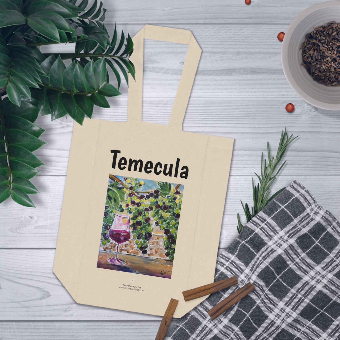 Temecula Double Wine Tote Bag featuring "Summer Grapes" painting