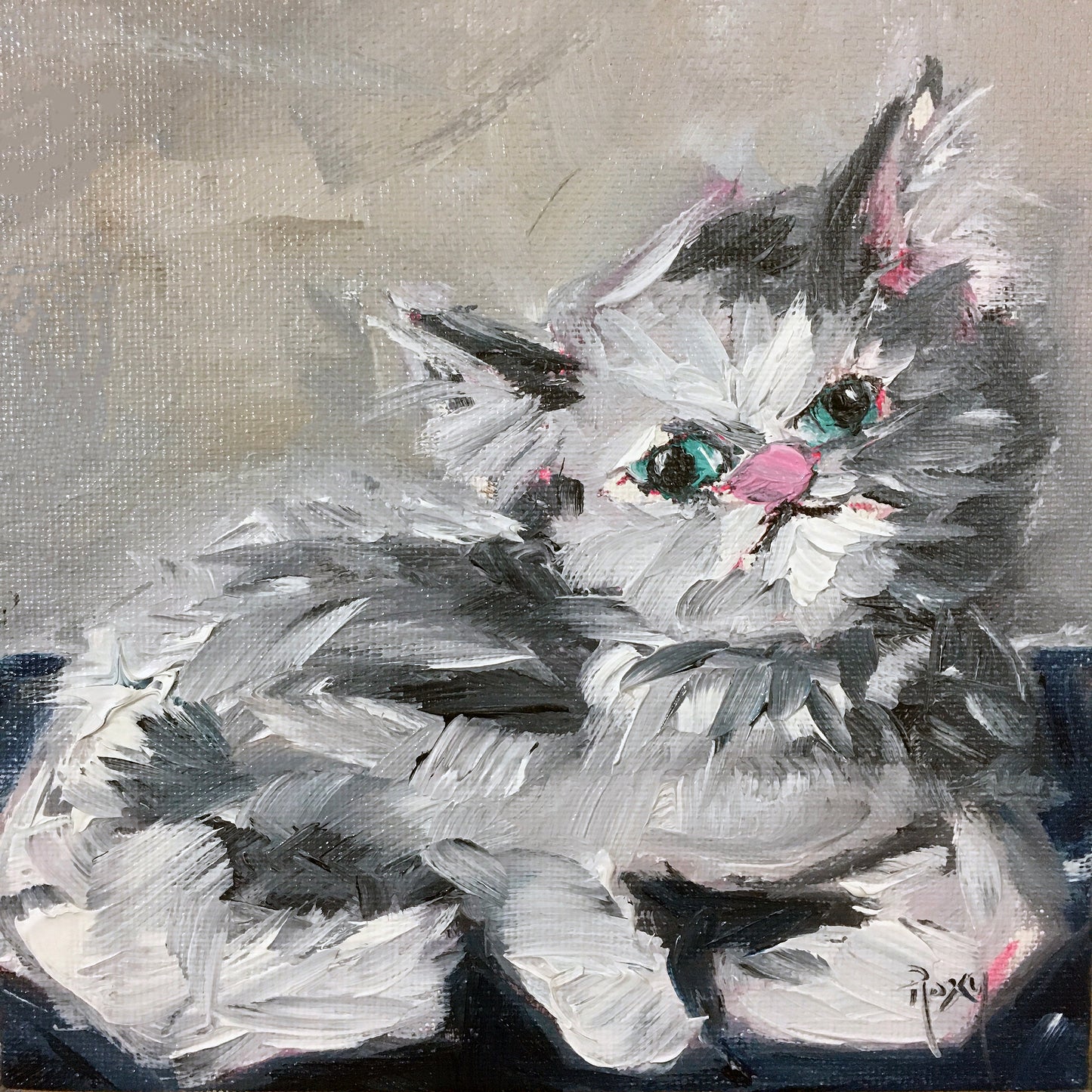 Babe-Fluffy Persian Cat Original Oil Painting 6 x 6 Framed