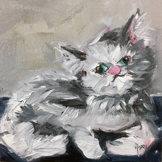 Babe-Fluffy Gato Persa Pintura al óleo Original 6 x 6 Enmarcado