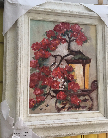 Bougainvillier Bonsai-Peinture à l’huile originale