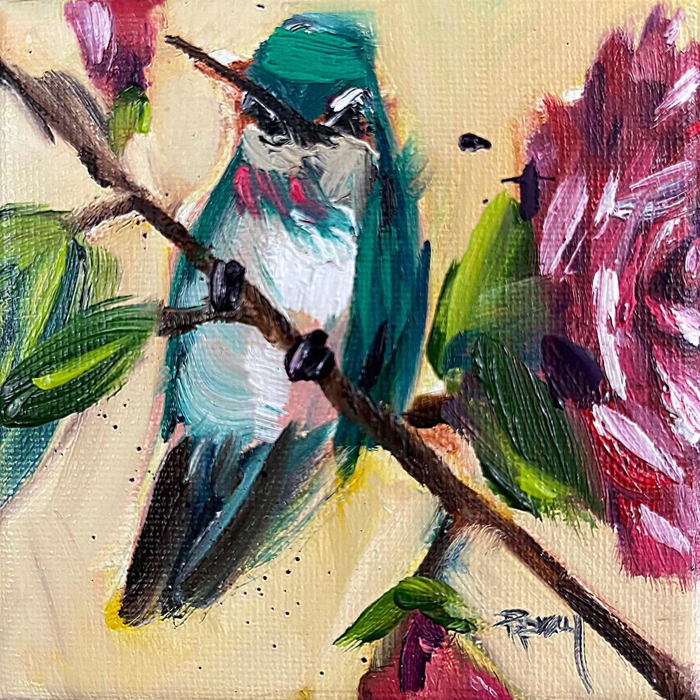 Colibri sur une peinture à l’huile originale de rosier 4x4 encadrée