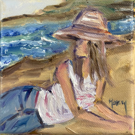 Chica en la playa Pintura al óleo original 4 x 4 Enmarcada