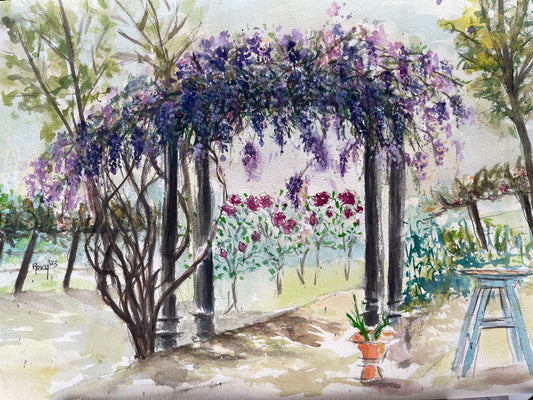 Wisteria at Somerset (Vignoble et cave à Temecula) Peinture originale à l’aquarelle et à la gouache encadrée