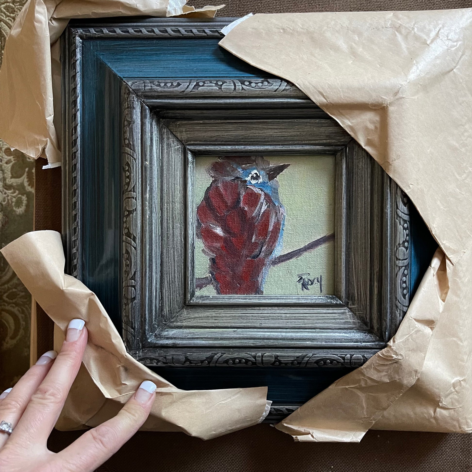 Fluffy Rust colored Bird Original Oil Painting Framed – Roxy Rich Fine Art