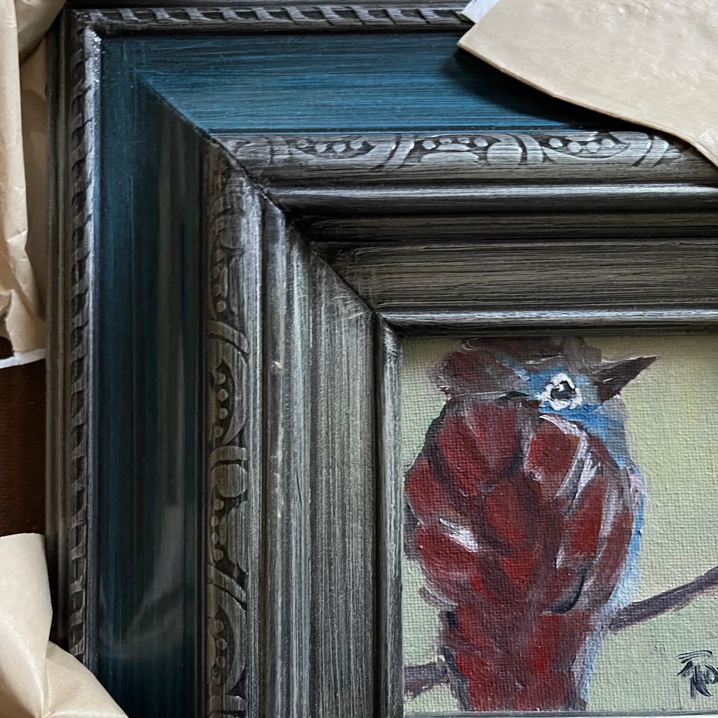 Pintura al óleo original de pájaro de color óxido esponjoso enmarcada