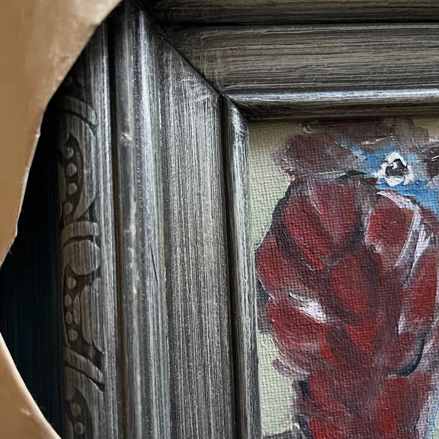 Pintura al óleo original de pájaro de color óxido esponjoso enmarcada