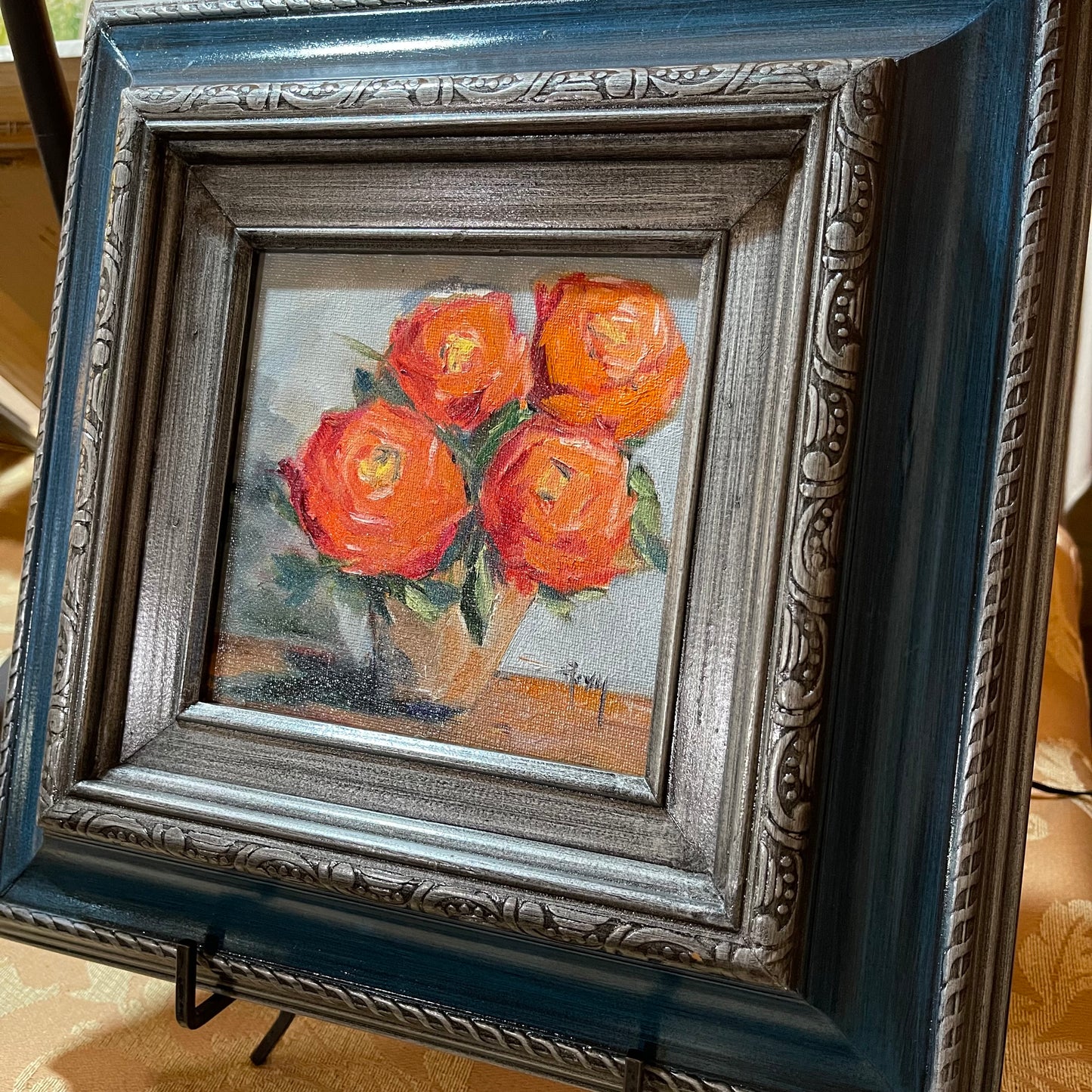 Roses orange-Peinture à l’huile originale encadrée