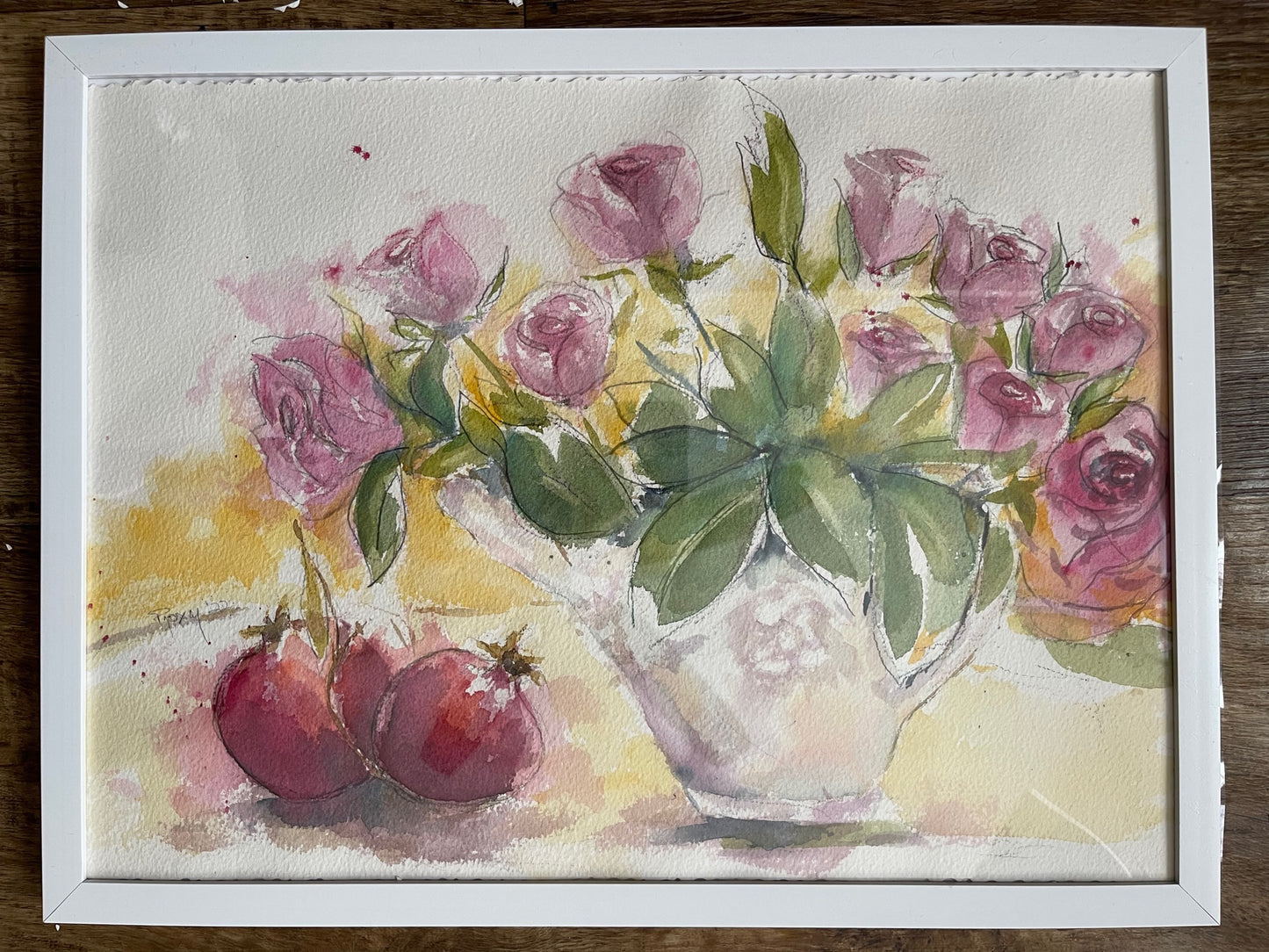 Roses and Pomegranates Original Loose Floral Watercolor Painting
