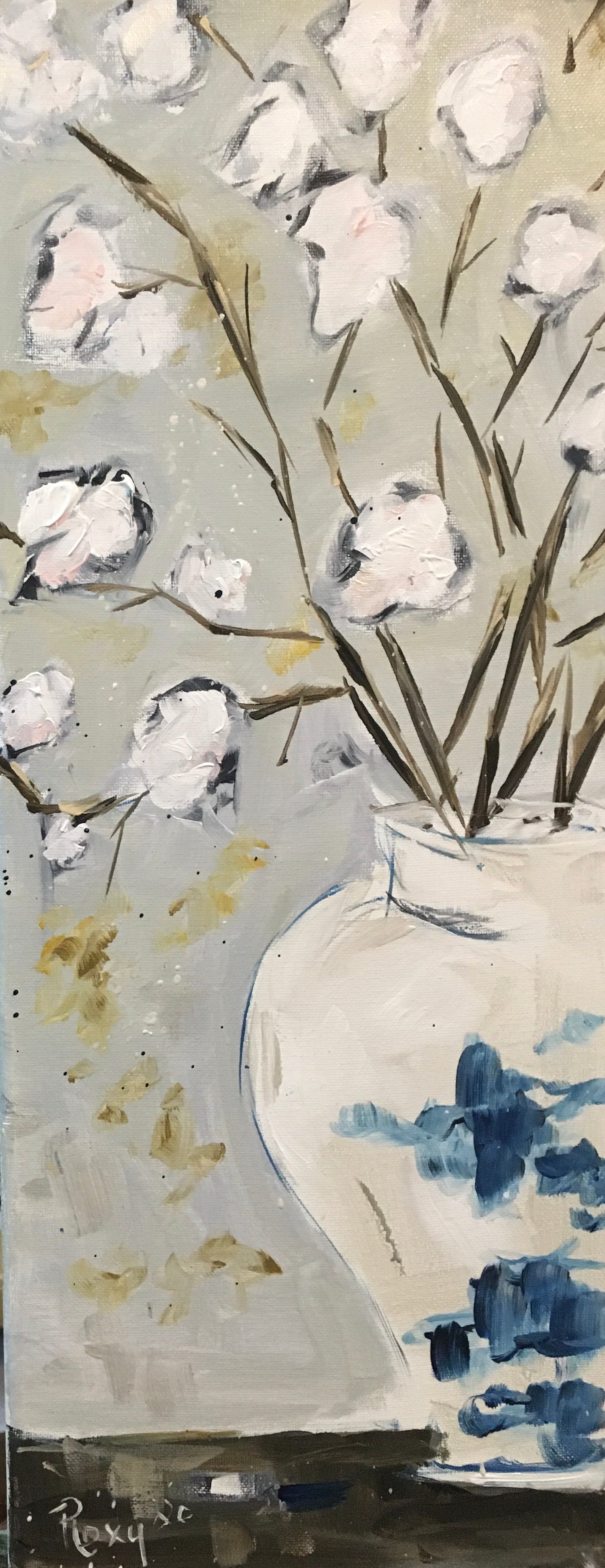Algodón en un tarro de jengibre Pintura acrílica original enmarcada 8 x 20