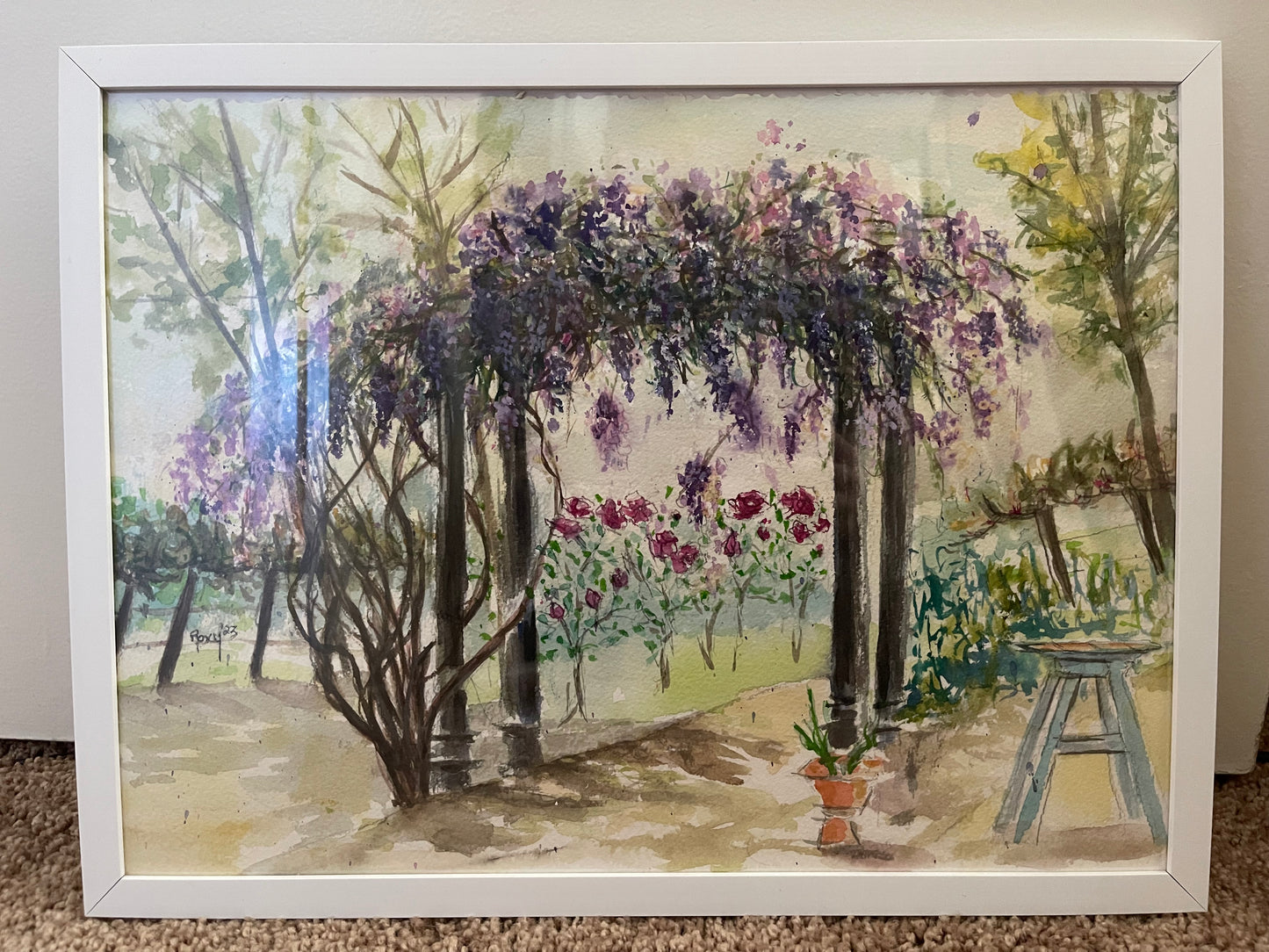 Wisteria at Somerset (Vineyard and Winery in Temecula) Original Watercolor and Gouache Painting Framed