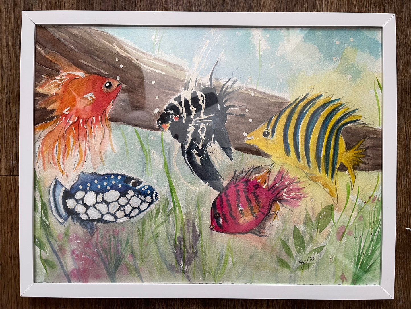 Pintura de acuarela original de peces coloridos enmarcada