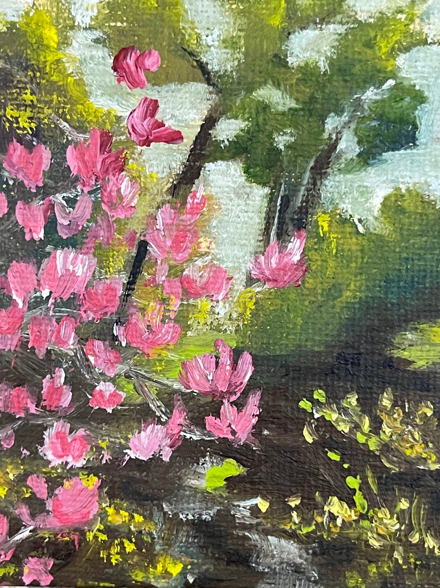 Magnolias japonesas en Descanso Gardens-Pintura original de paisaje al óleo en miniatura con soporte