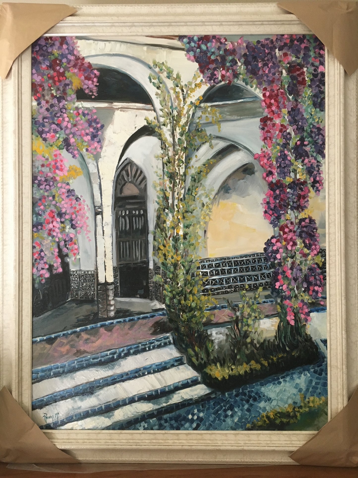 Paris Wisteria or The Grand Mosque Original Oil Painting Framed