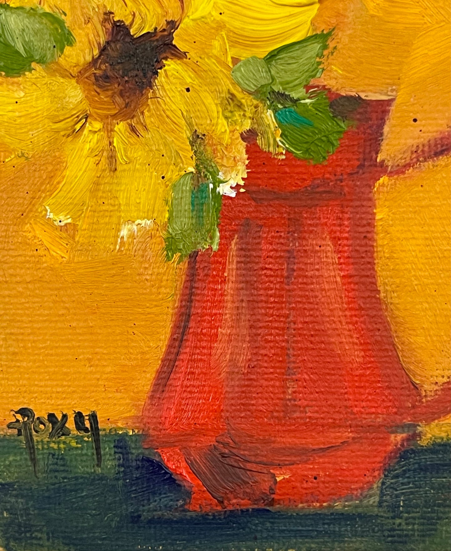 Cheerful Sunflower in a Red Pitcher-Original Miniature Oil Painting with Stand
