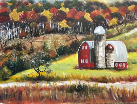 La peinture originale de paysage à l’huile de silos encadrée