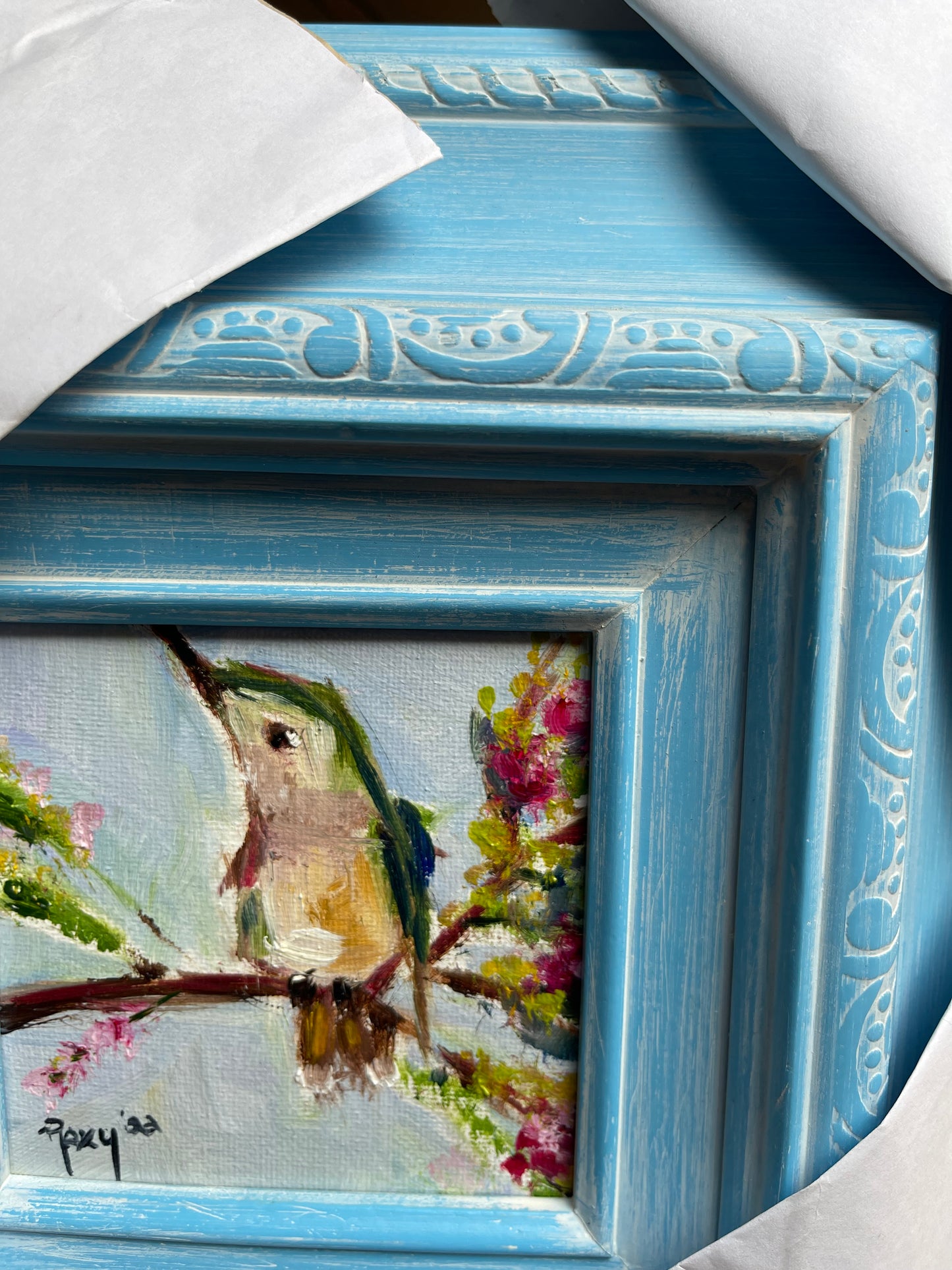 Scruffy Vervain Hummingbird Original Oil Painting 4x4 Framed