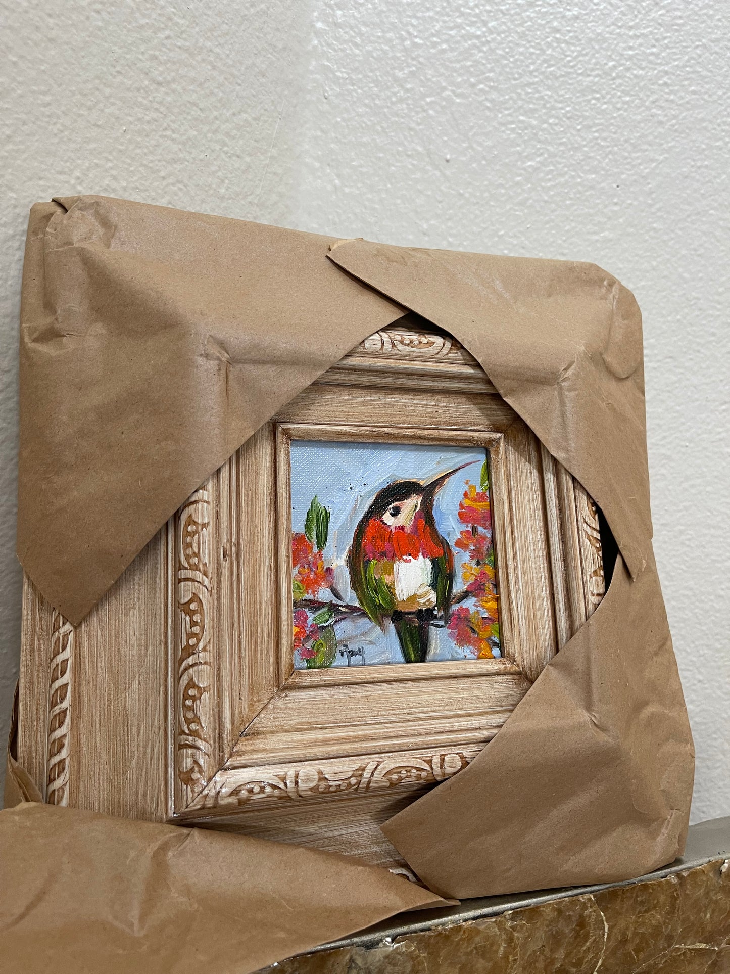 Peinture à l’huile originale mignonne de colibri roux 4x4 encadrée