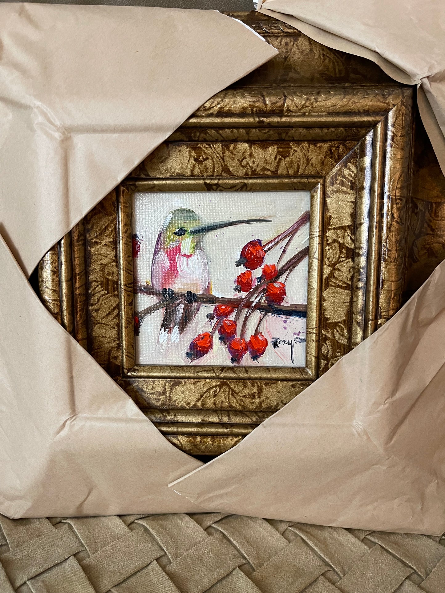 Hummingbird with Berries Original Oil Painting 4x4 Framed