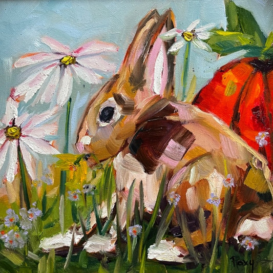 Bunny in my Garden Original Oil Painting 10 x 10 Framed