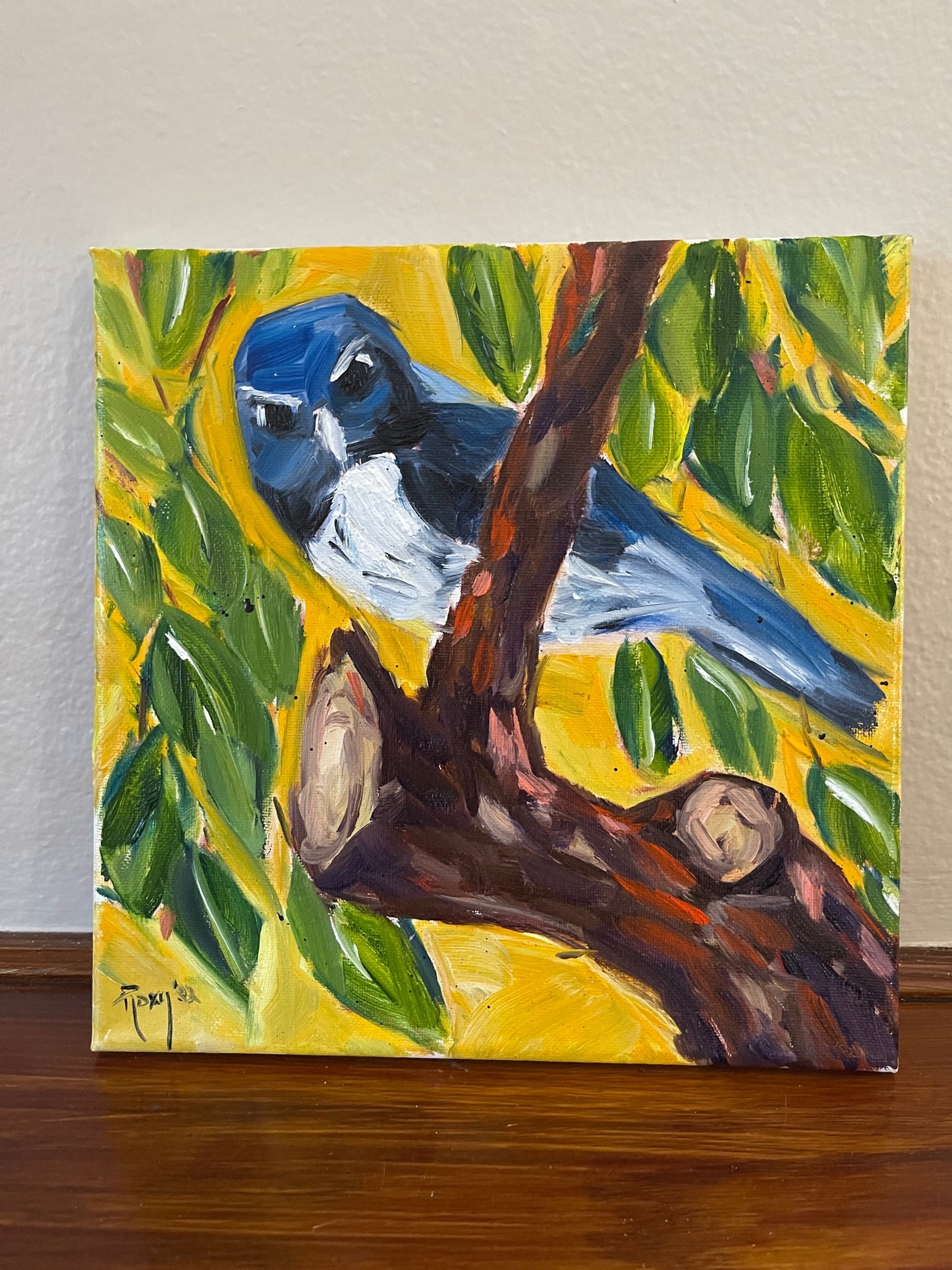 Backyard Bluejay Original Oil Painting 10 x 10