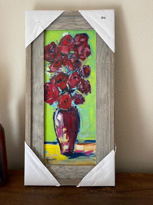 Red Roses in a Vase Original Acrylic Painting Framed 8 x 20
