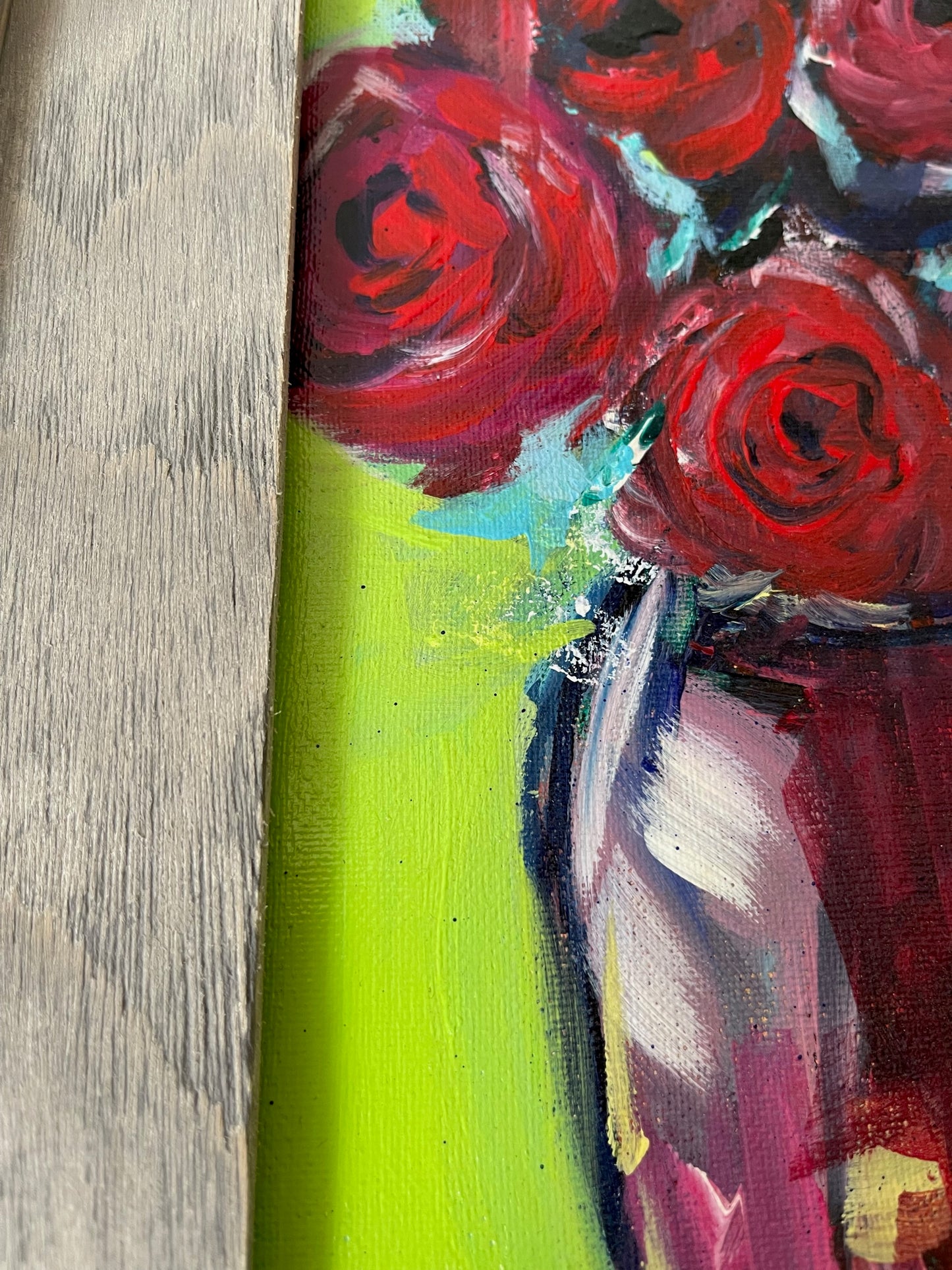 Red Roses in a Vase Original Acrylic Painting Framed 8 x 20