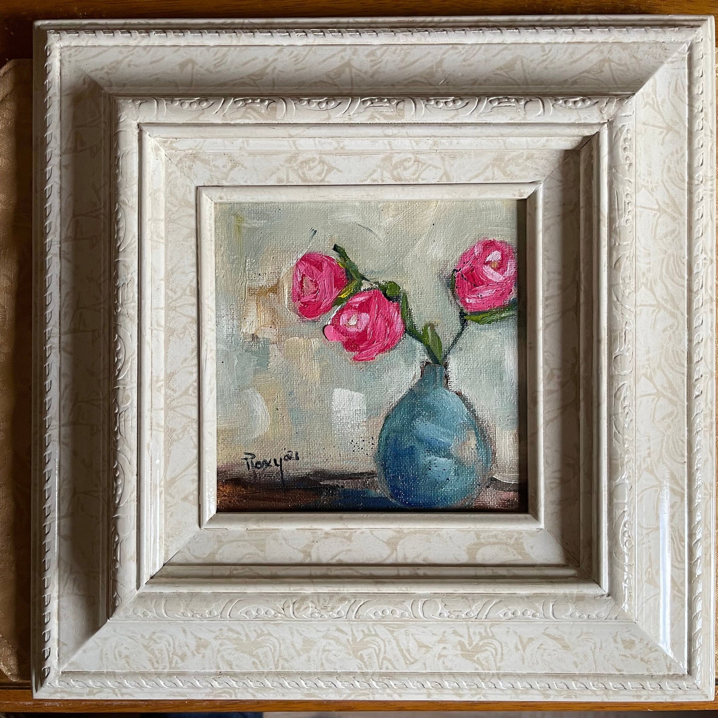 Pintura al óleo original de tres rosas enmarcada