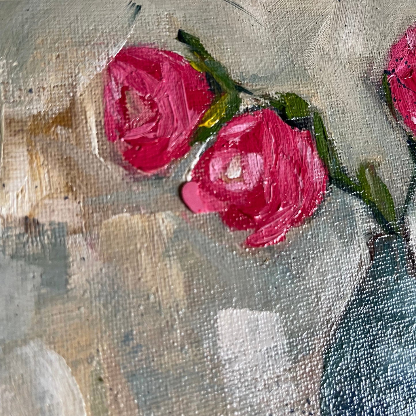 Peinture à l’huile originale de trois roses encadrée