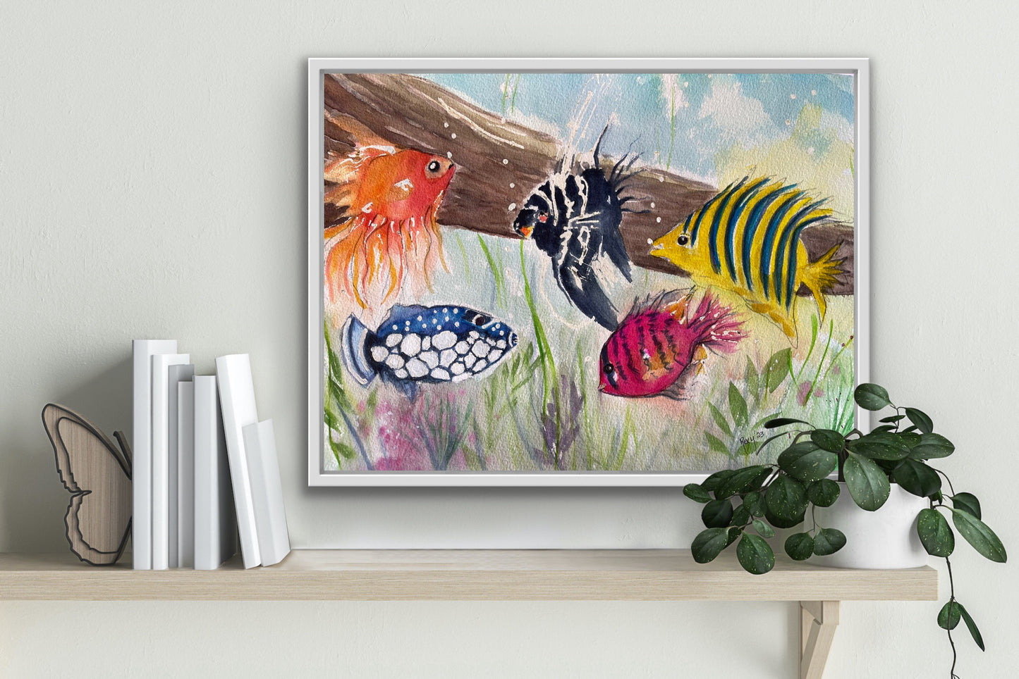 Pintura de acuarela original de peces coloridos enmarcada