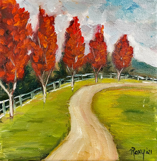 Pintura al óleo original de Maple Tree-Lined Drive enmarcada