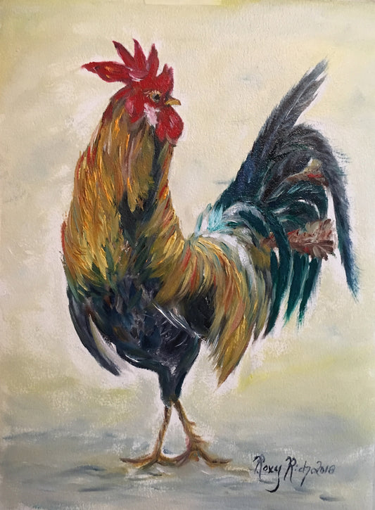 Qui appelles-tu poulet ? Peinture à l’huile originale de coq Français 12 x 9 encadrée