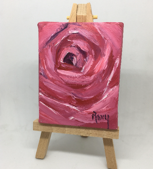Pintura al óleo en miniatura original de rosa con soporte